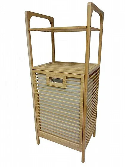 סל כביסה עשוי במבוק טבעי בשילוב 2 מדפים בשילוב בטנה בצבע שמנת - home-store.co.il