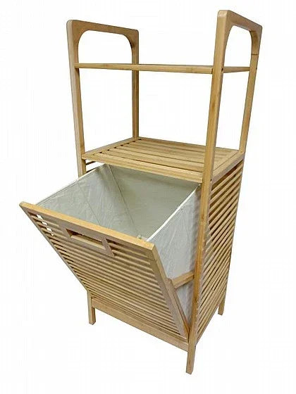 סל כביסה עשוי במבוק טבעי בשילוב 2 מדפים בשילוב בטנה בצבע שמנת - home-store.co.il