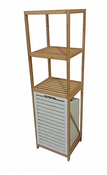 סל כביסה מעוצב בבמבוק בצבע חום טבעי 2 מדפים, דלת לבנה - home-store.co.il