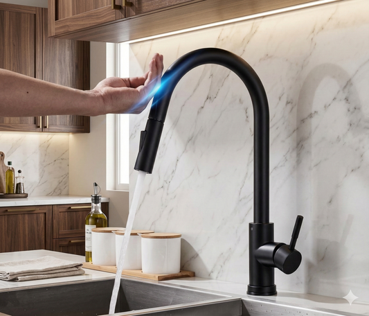 ברז מטבח נשלף צבע כסוף מוברש דגם River עם חיישן מגע ומנגנון שבת