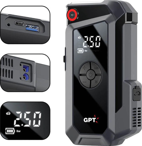 בוסטר התנעה לרכב וקומפרסור דיגיטלי GPT דגם BO16COM על רקע נקי.