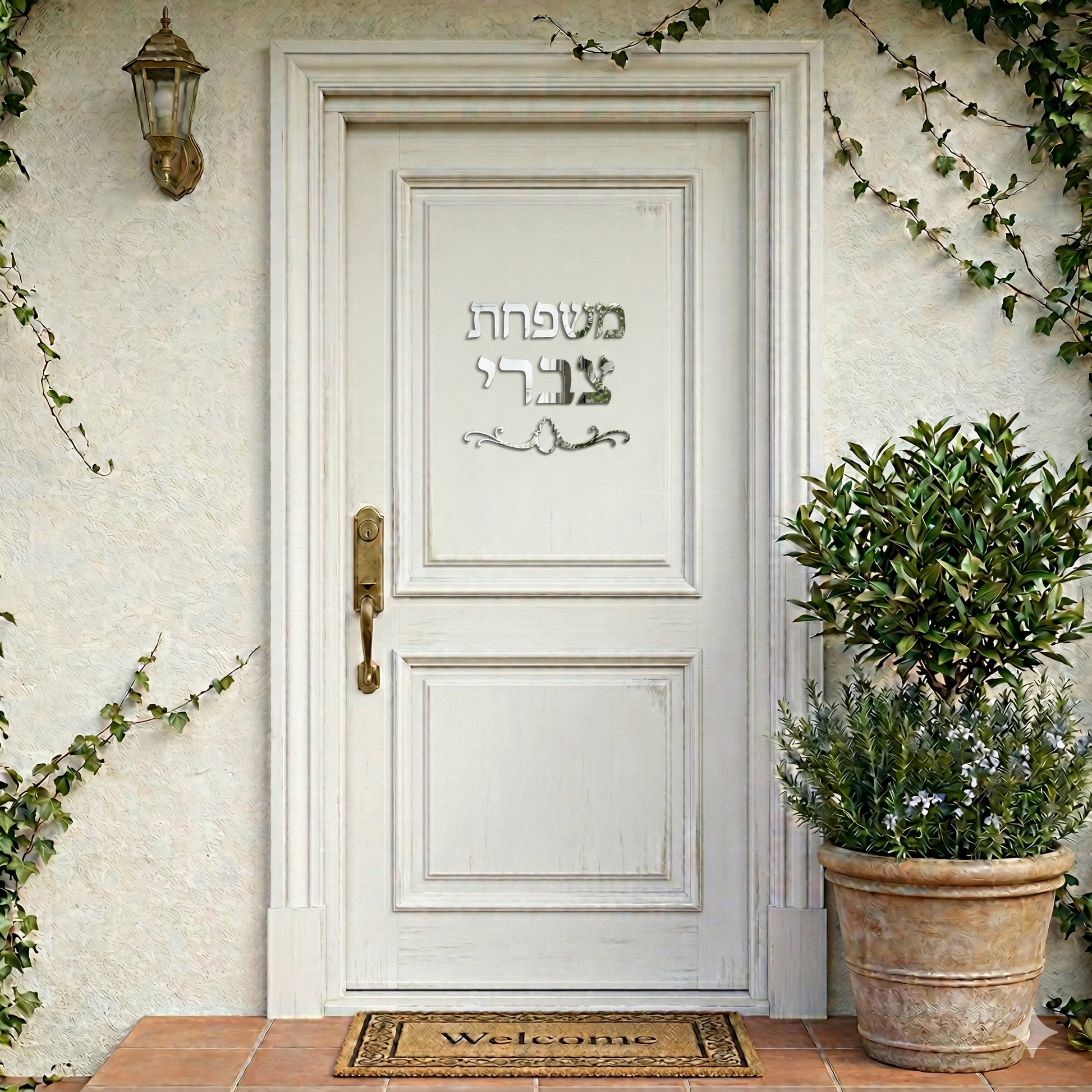 שלט לדלת כניסה כסוף מבריק עם חמסה ושם משפחה בעיצוב אישי בחיתוך לייזר.
