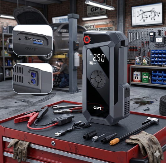 ערכת בוסטר התנעה GPT הכוללת כבלים חכמים, צינור ניפוח ותיק נשיאה קומפקטי.