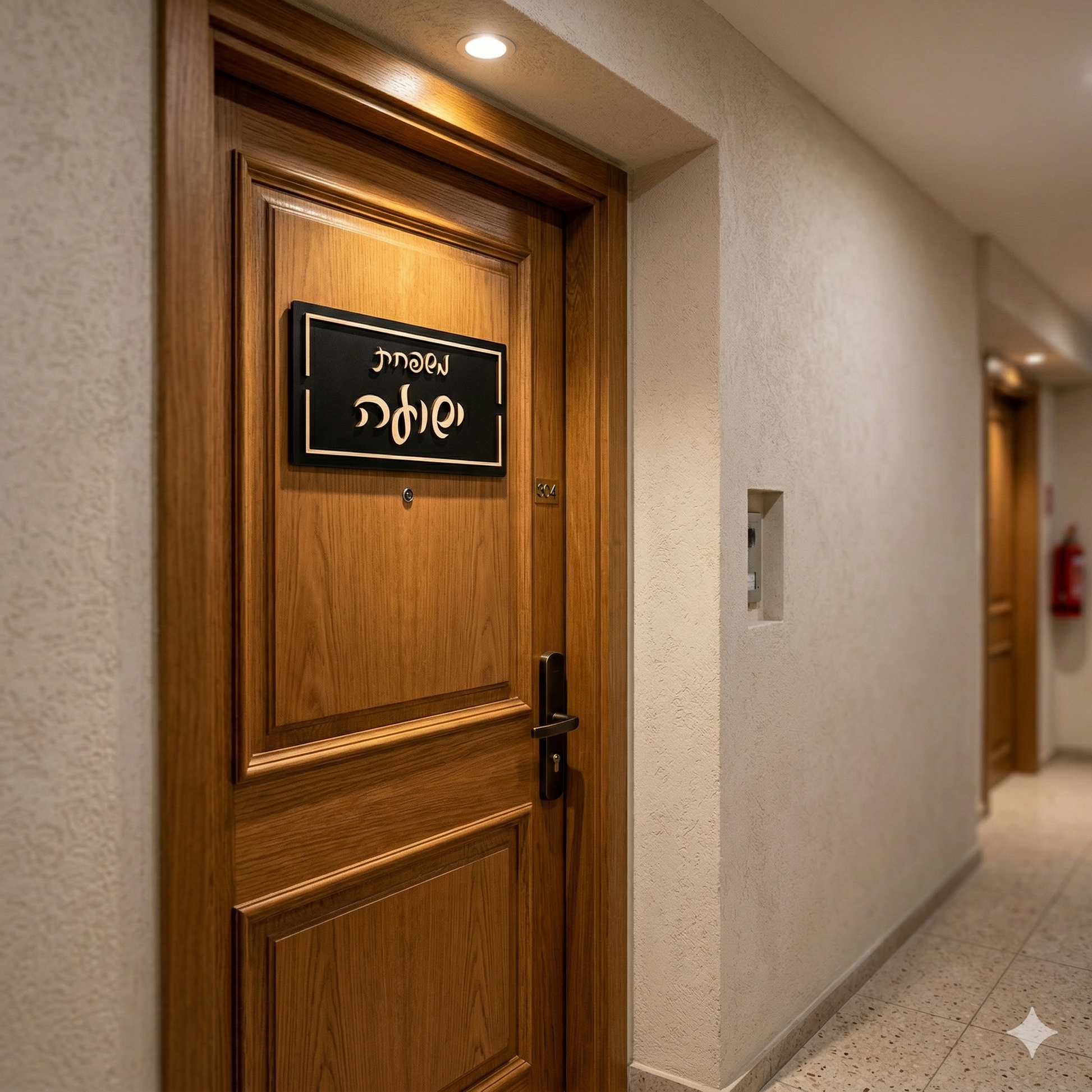 שלט כניסה יוקרתי בעיצוב אישי עם שם משפחה מראה אקרילית בצבע עץ.