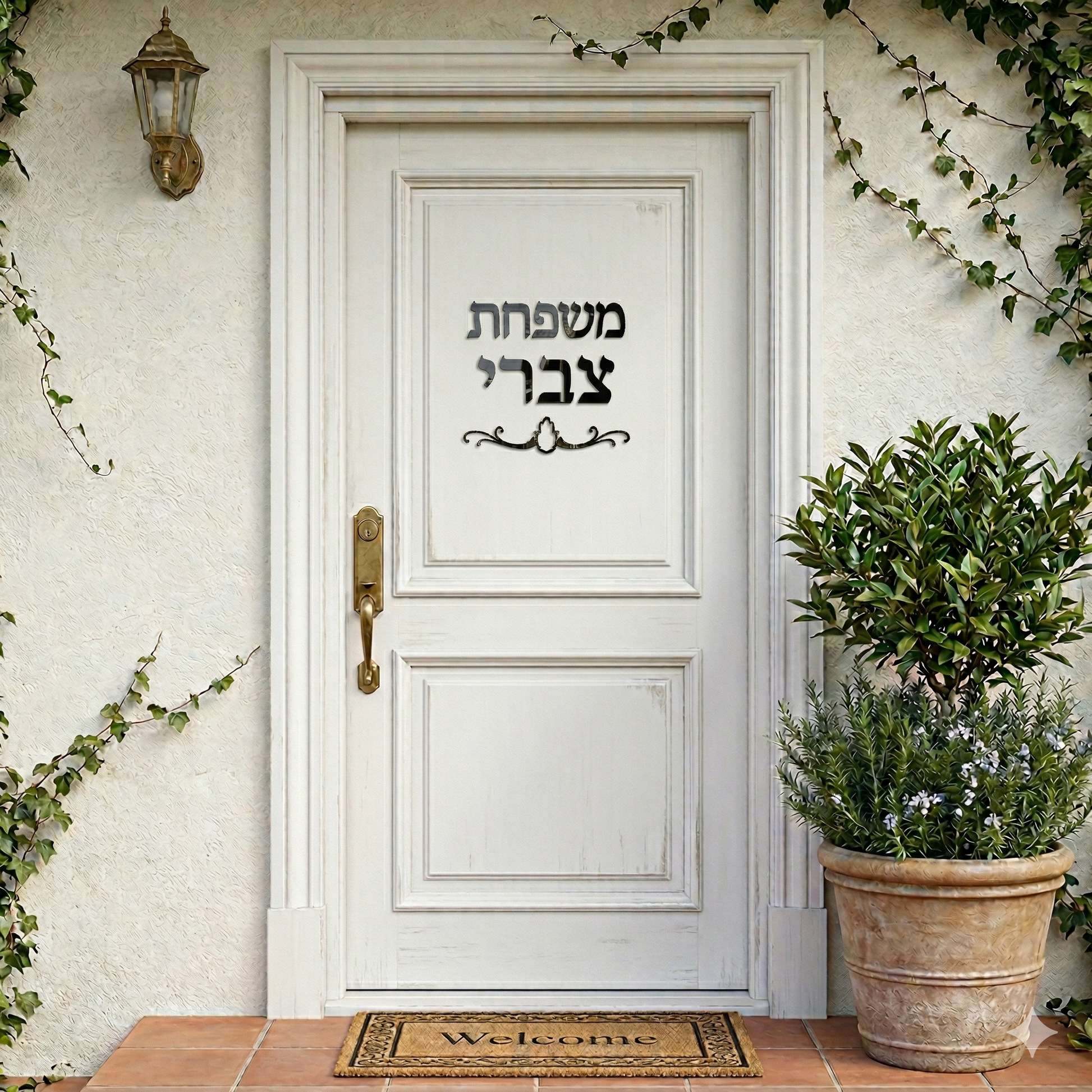 שלט לדלת כניסה שחור מבריק עם חמסה ושם משפחה בעיצוב אישי בחיתוך לייזר.