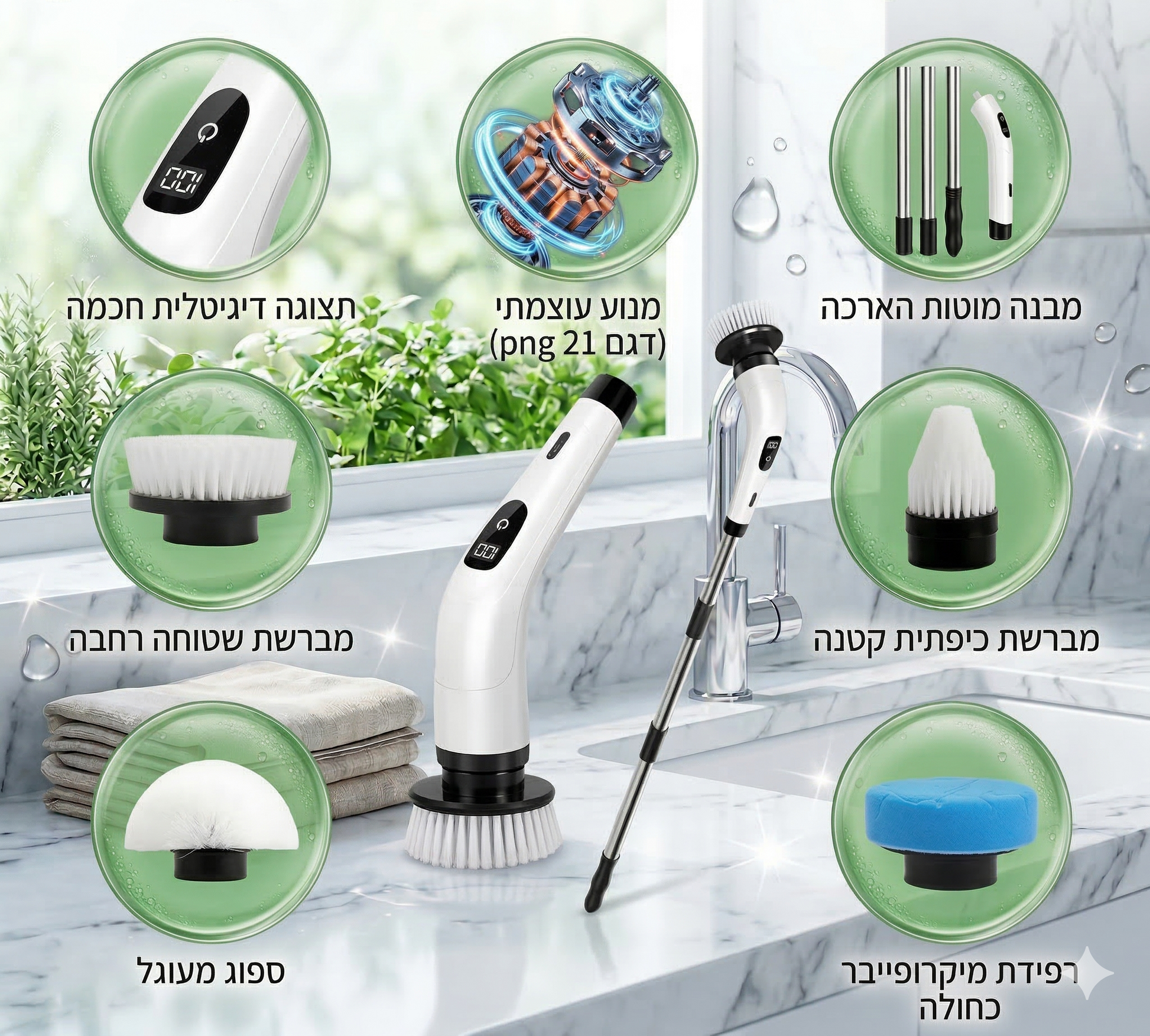 מברשת קרצוף חשמלית נטענת 9-ב-1 דגם Turbo Scrub Pro – ניקוי עוצמתי ללא מאמץ לכל פינה בבית | Home Store