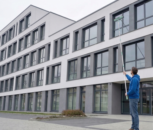 alt="שימוש במוט טלסקופי מתארך לניקוי חלון גבוה מבחוץ בבטיחות מלאה מהרצפה."