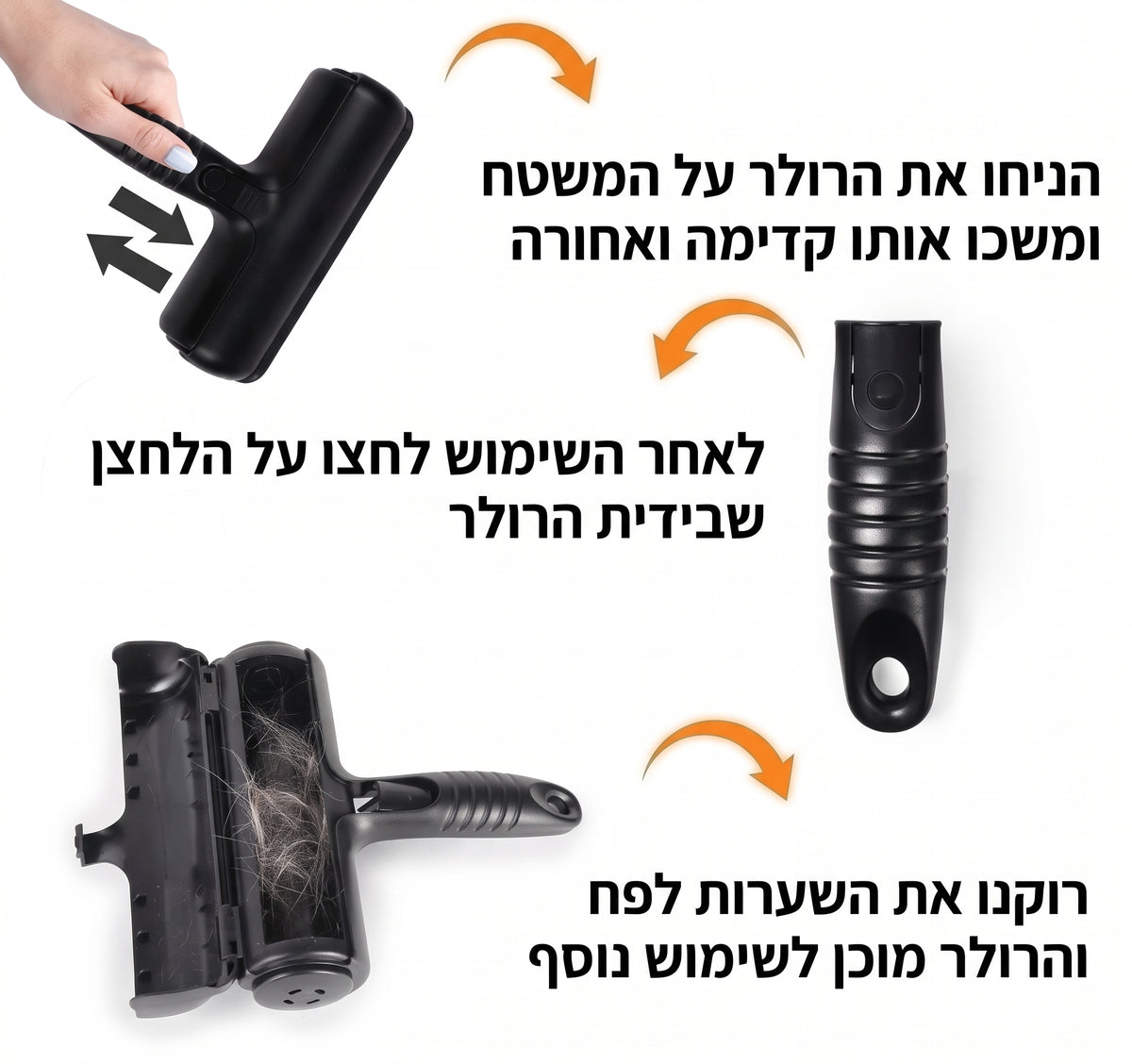 אינפוגרפיקה המציגה את 3 שלבי העבודה: משיכת הרולר קדימה ואחורה, לחיצה על כפתור הריקון בידית, וריקון תא השערות לפח האשפה.