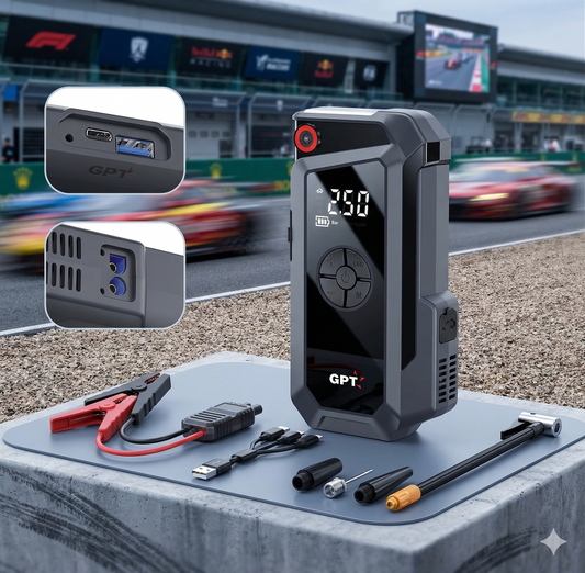 המסך הדיגיטלי של GPT BO16COM מציג נתוני לחץ אוויר (PSI) ומצב סוללה מדויק.