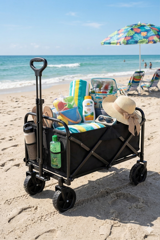 עגלת קמפינג ושטח מתקפלת בצבע שחור עם שלדת מתכת חזקה ובד עמיד – Home Store.