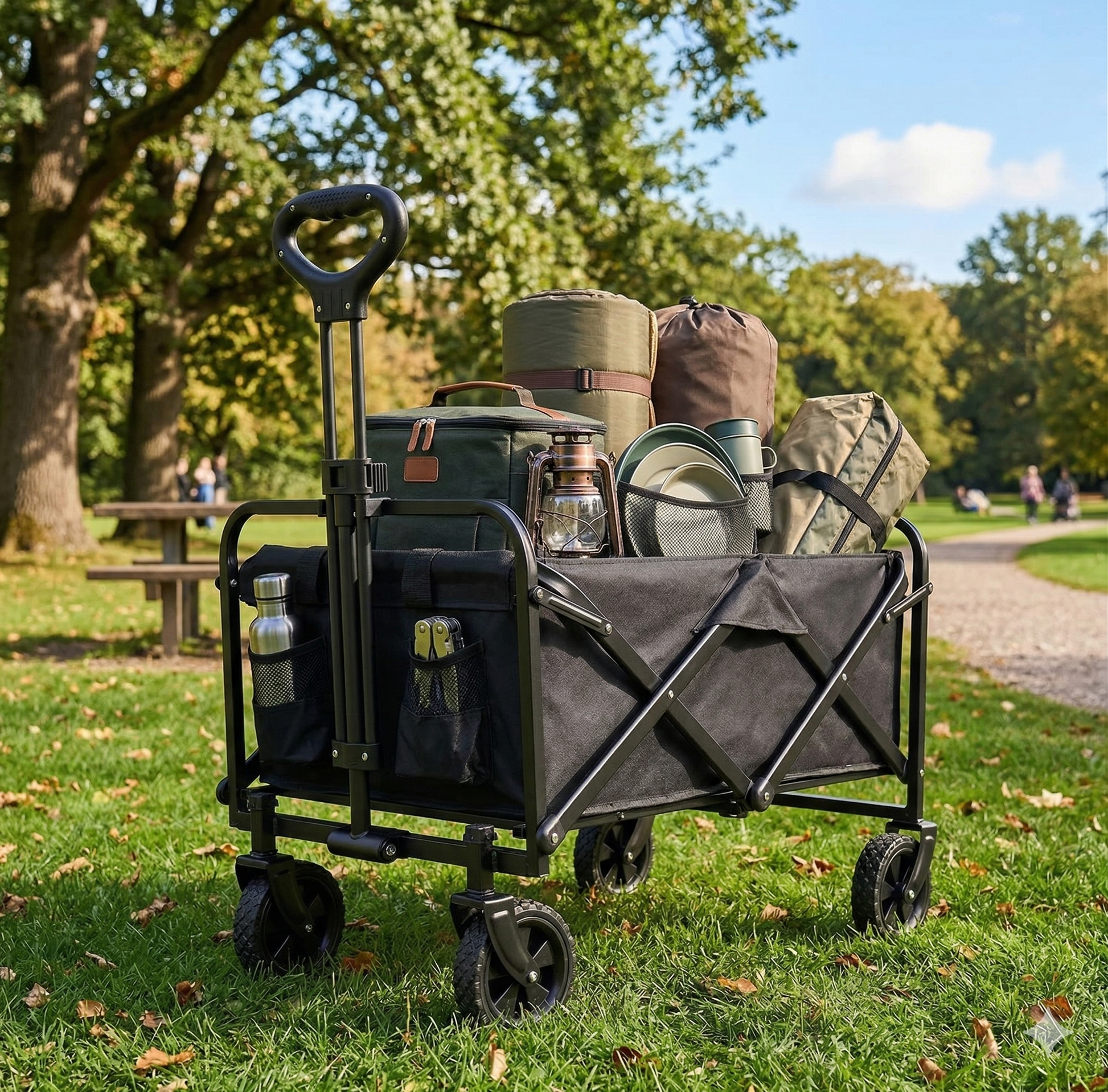 ידית טלסקופית מתכווננת (63-84 ס"מ) של עגלת שטח למניעת מאמץ בגב ונוחות משיכה.