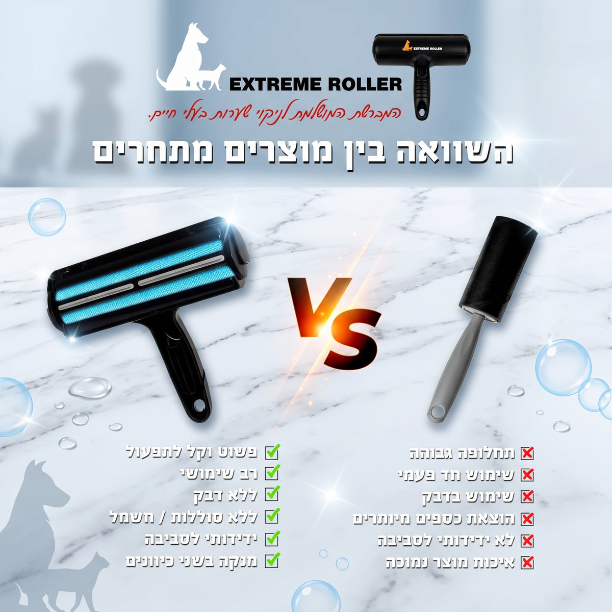 טבלה הממחישה את העליונות של Extreme Roller (מוצר חסכוני, רב-פעמי, ידידותי לסביבה, ללא דבק ופועל בשני כיוונים) אל מול רולר דביק פשוט וחד-פעמי.