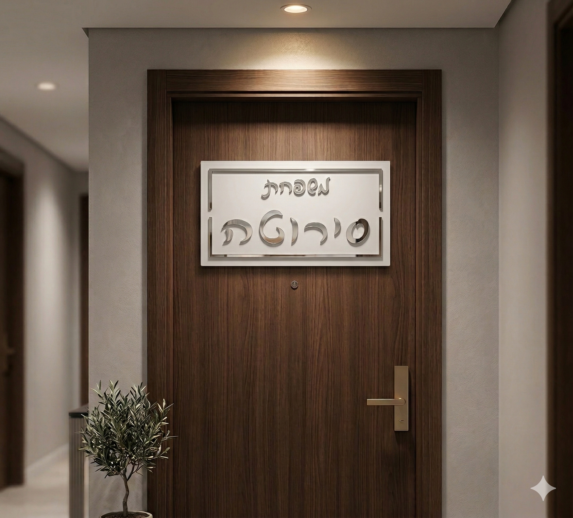 שלט כניסה יוקרתי בעיצוב אישי עם שם משפחה מראה אקרילית בכסוף מבריק.