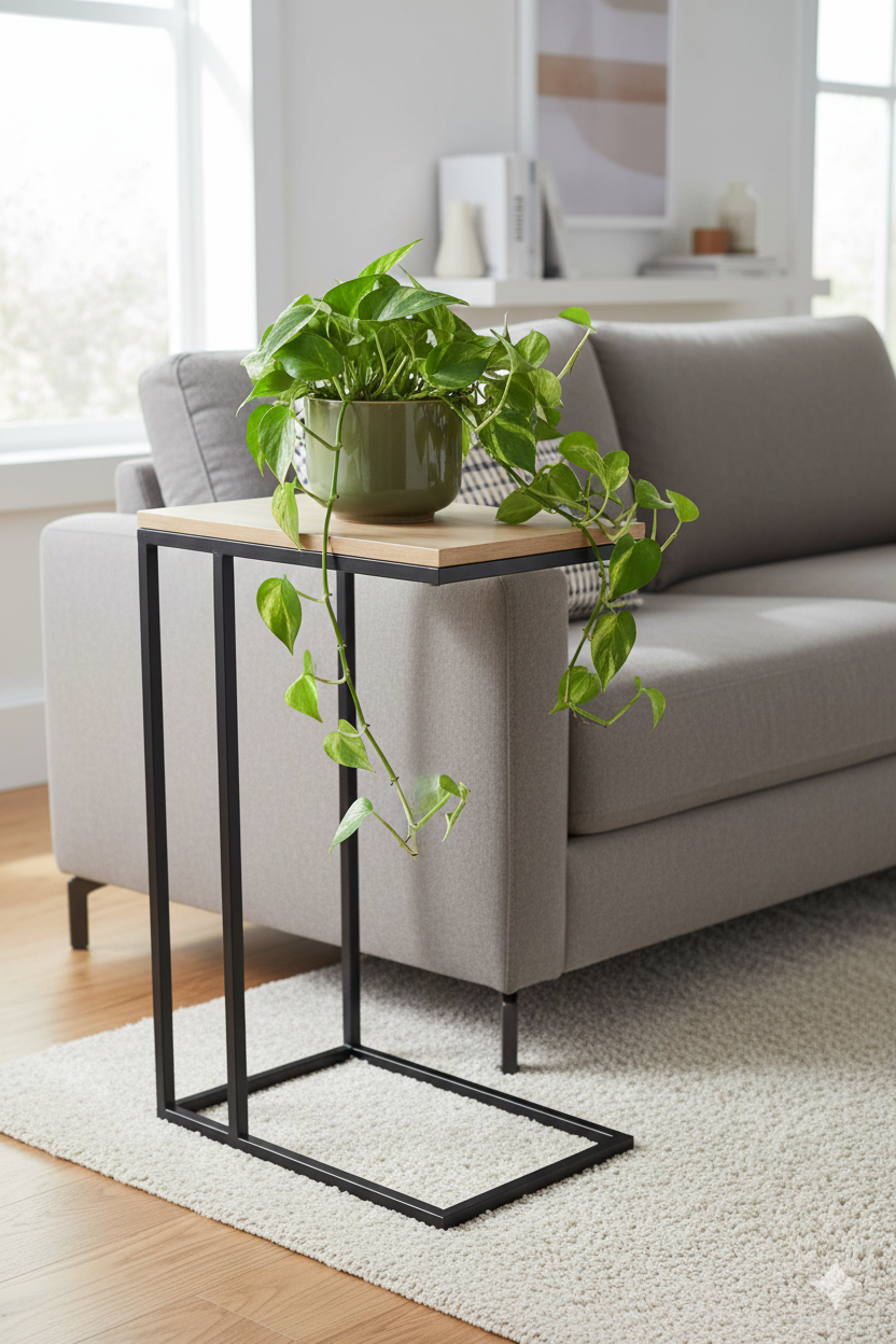 שולחן צד נשכן לספה עם פלטת עץ בגוון שחור שיש ורגלי מתכת שחורות.