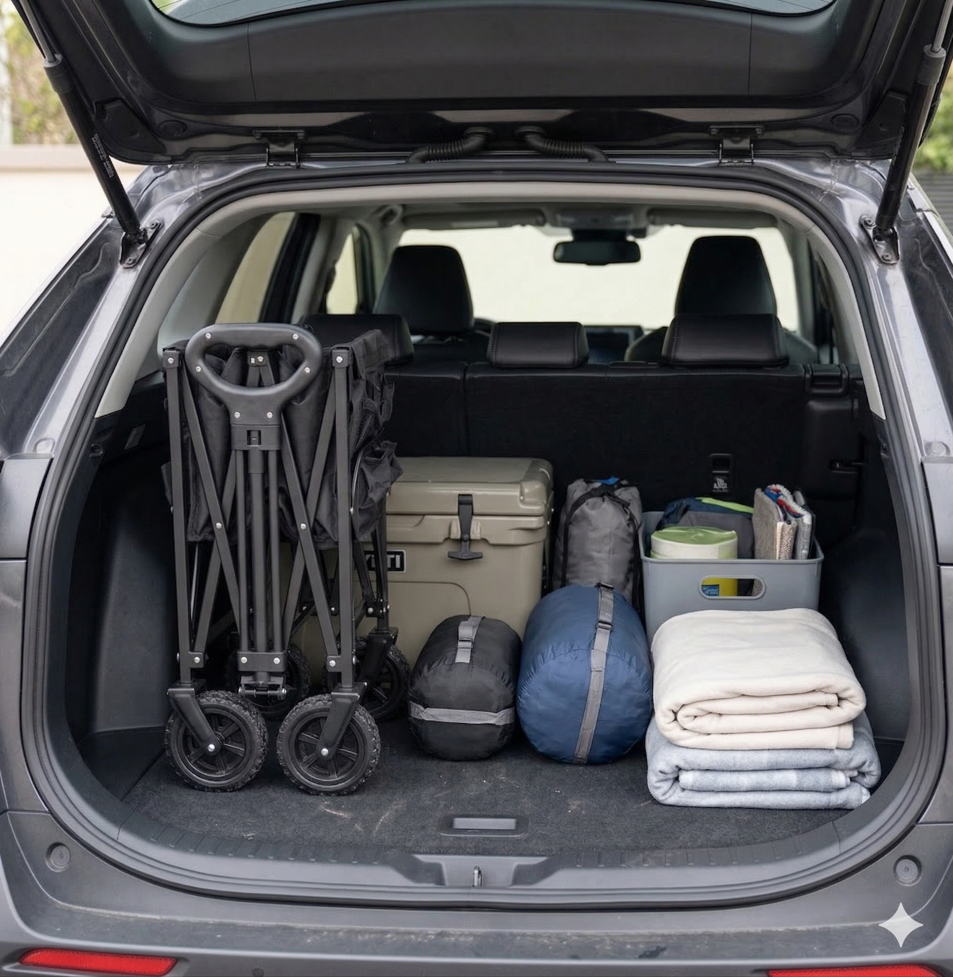 עגלת שטח שחורה מקופלת במצב קומפקטי לאחסון קל בתא המטען של הרכב.