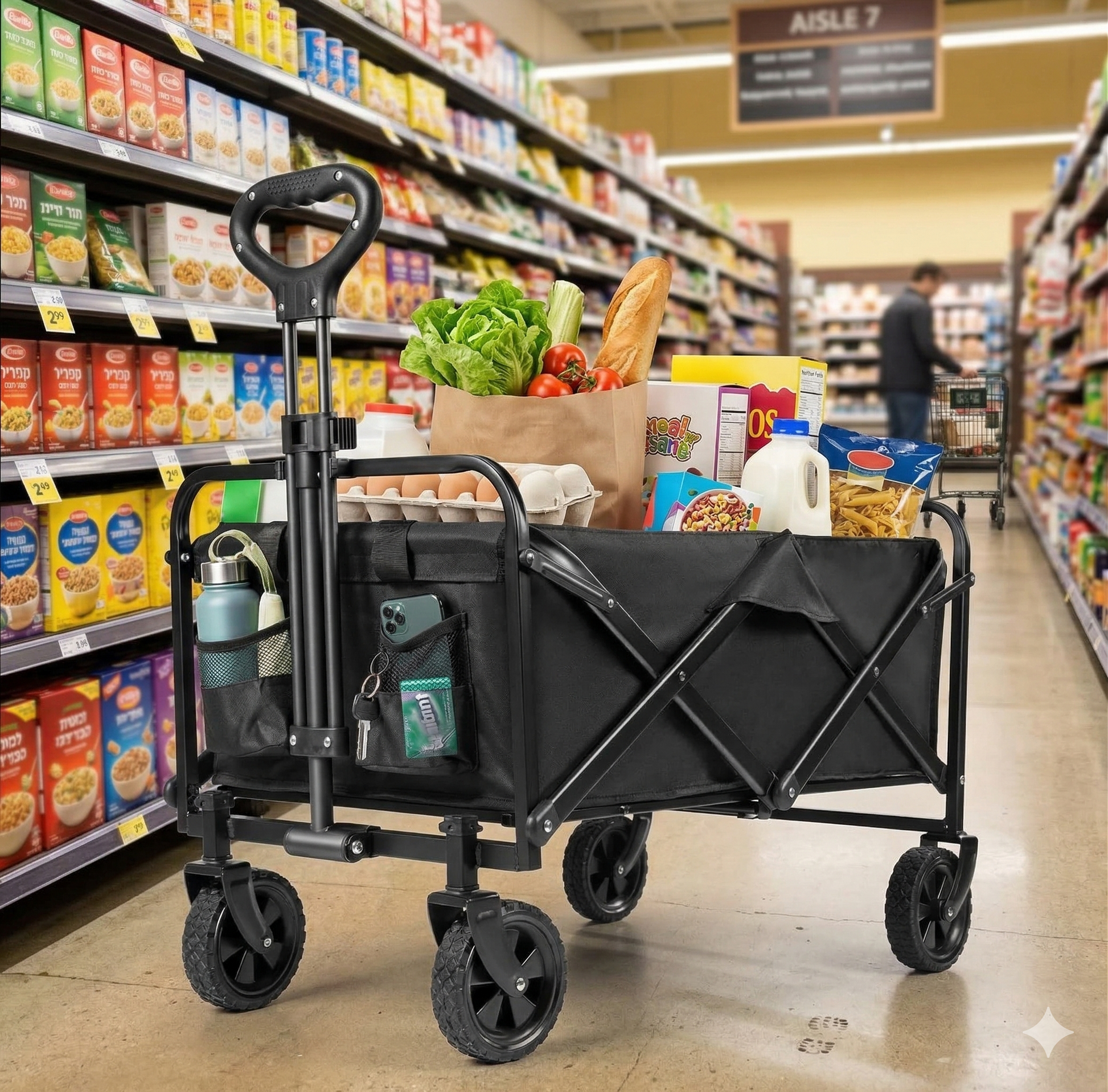 שימוש בעגלת שטח מתקפלת להעלאת קניות כבדות הביתה בצורה יציבה ובטוחה.