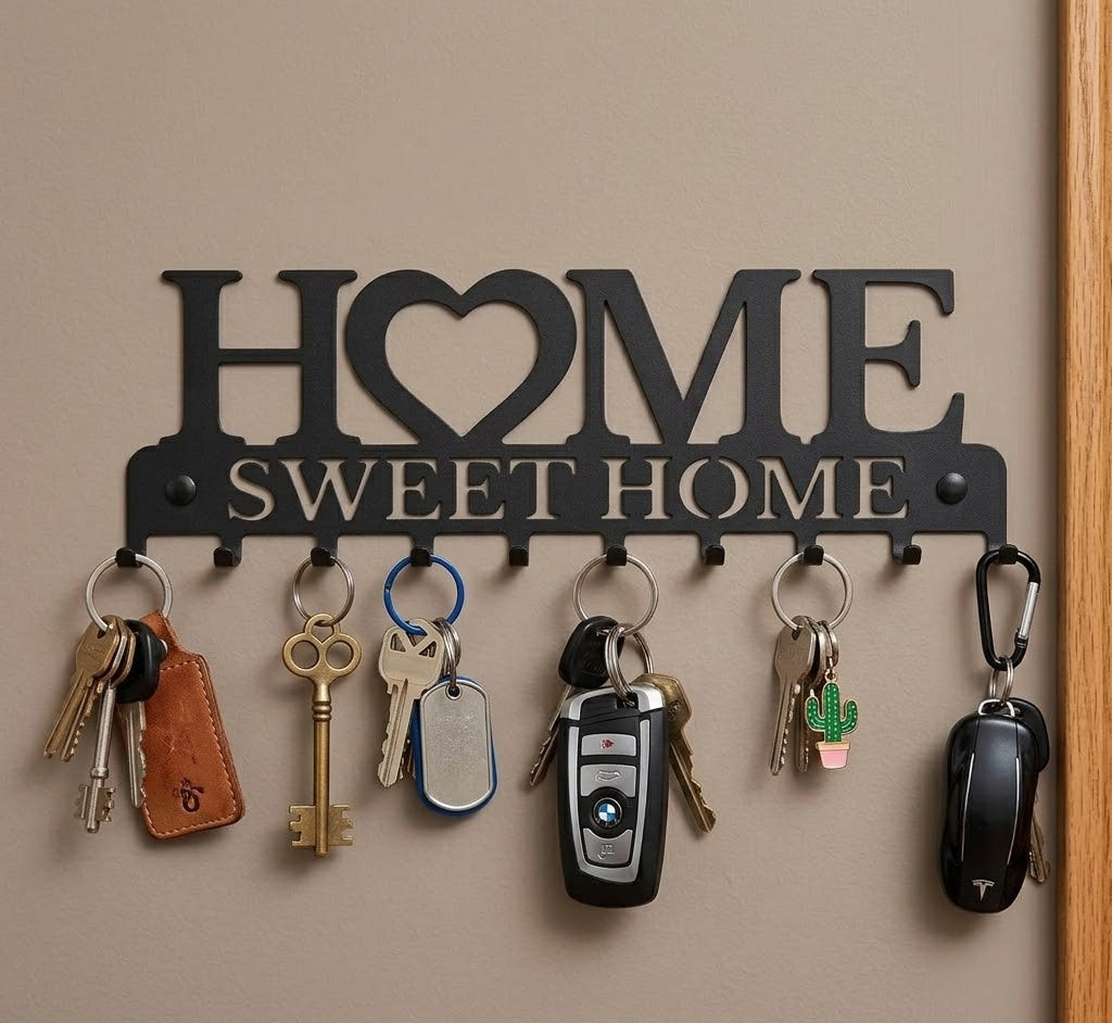 תקריב על מתלה המפתחות המעוצב HOME ממתכת, המדגיש את חיתוך הפלדה המדויק, הצביעה בתנור ואת הווים החזקים.